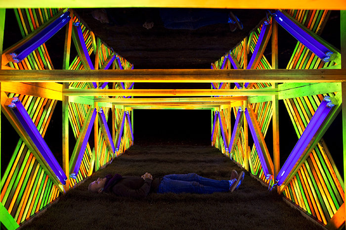 Logan Hamilton Acton. Dragged Across a Forest Floor. Acrylic, black light, sod, paint, wood, hardware, 2015. Photograph by the artist