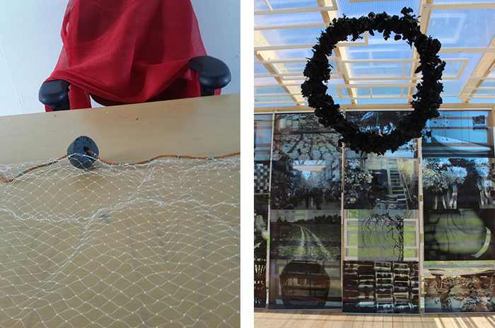 Photo: Ndidi Dike. Left: work in progress Konstepidemin. Right: detail, detail, Constellations and Antecedents of Migrant “Mobility ”, 2016. Size: 6.40 mtrs x 4.40 mtrs. Media: Transparencies.