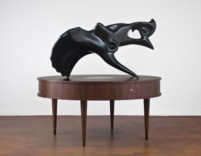 Tim Berg & Rebekah Myers, A thing of the past. Walnut table, epoxy coated foam, ceramic, glass, electronics, 66 x 70 x 70 inches, 2013.