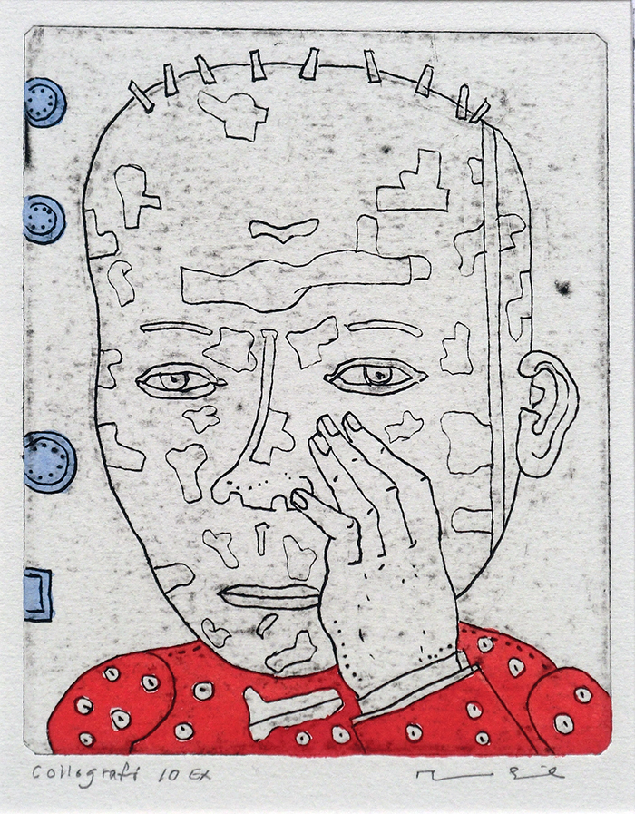 Ragnar Schmid, ”Ansikte”, 16,5x13 cm. Kartongtryck med inslag av akvarellfärg