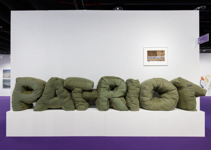 Melissa Ann Vandenberg, Pat•Riot. Military surplus fabric (shelters) & polyester, 490x92x92 centimeters, 2017. Photo David Willems, Volta Art Fair, NYC 2017