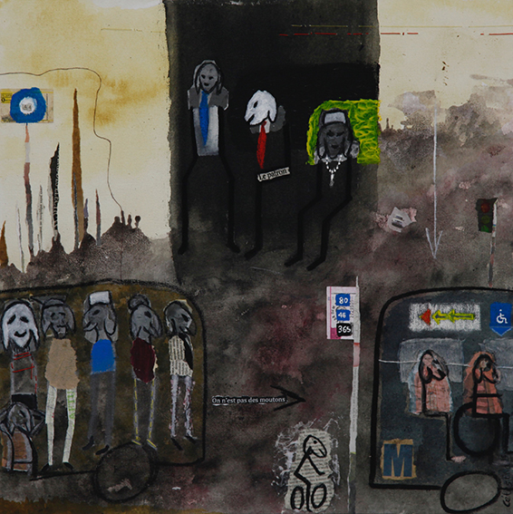 Trajet avec le troupeau
acrylique, pigment et collage de matériaux sur toile
60x60 cm
2018