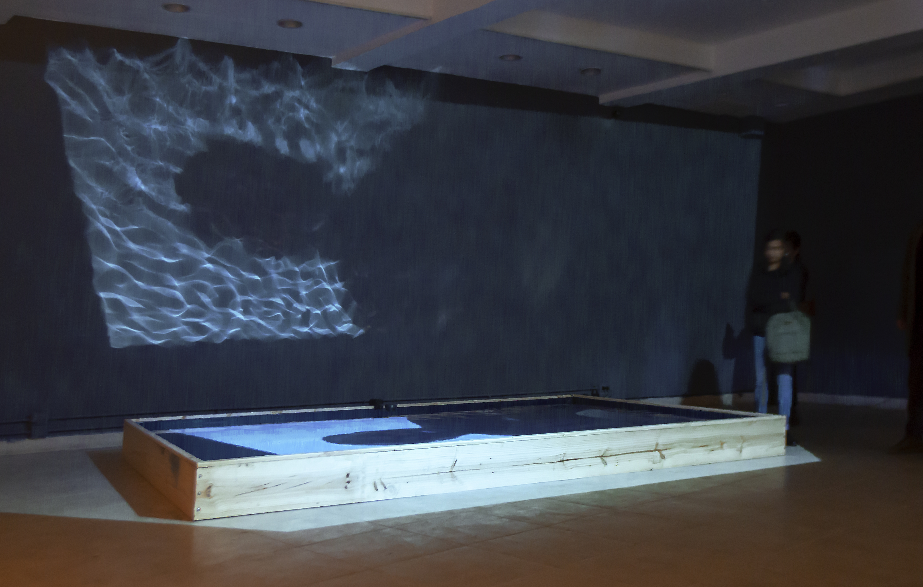 Video (HD, sound, loop 9’11 «) + Projection on a water mirror with electromagnetic mechanism depending on the audio, 4 x 2.5 mt.

Video and a water mirror that vibrates with an electromagnetic mechanism based on the audio of the story of Azis Faye, an immigrant from Senegal.