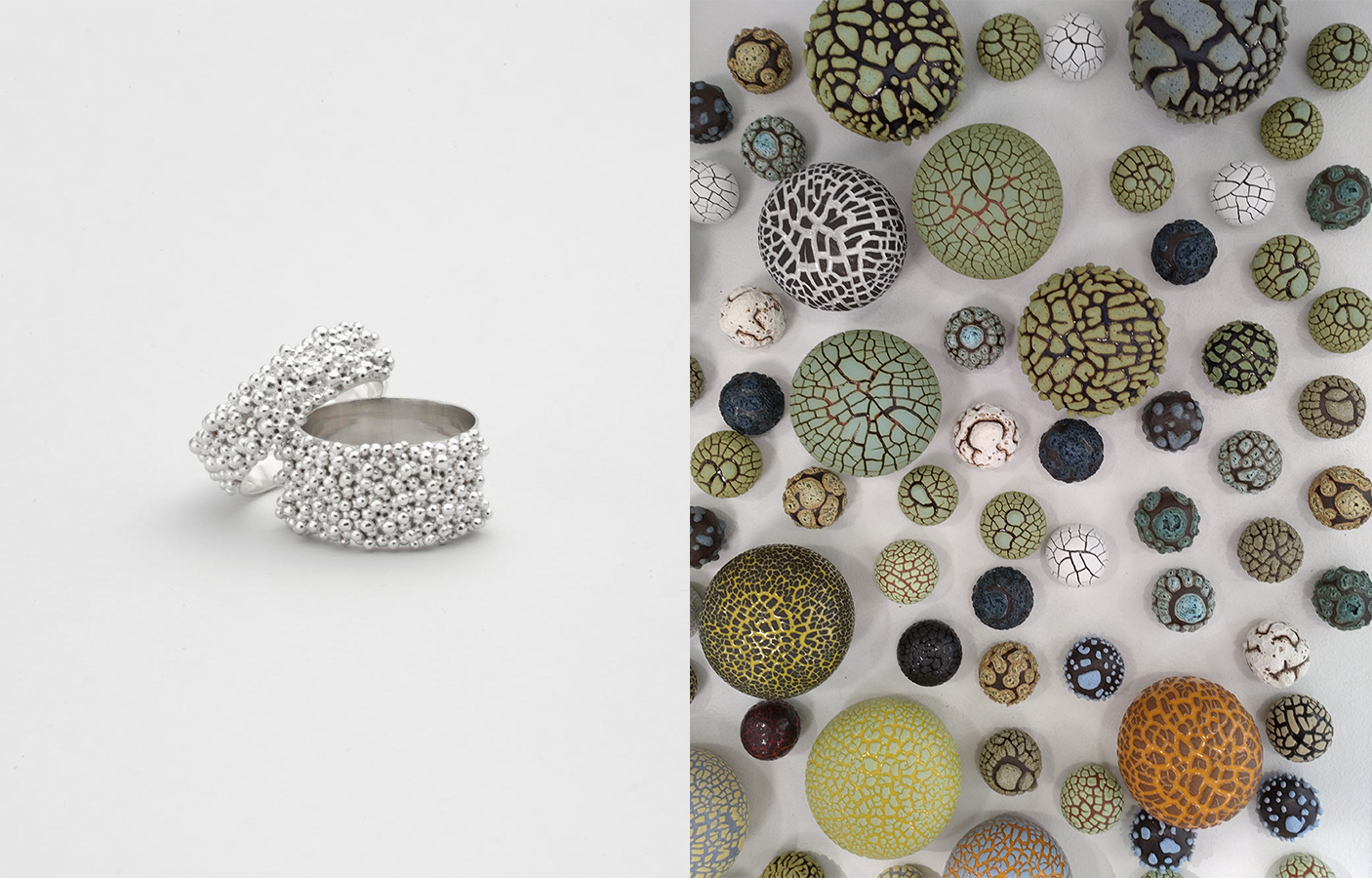 Från vänster: Cecilia Ogvall, Snowfall. Karin Östberg, Bollar och pluppar.