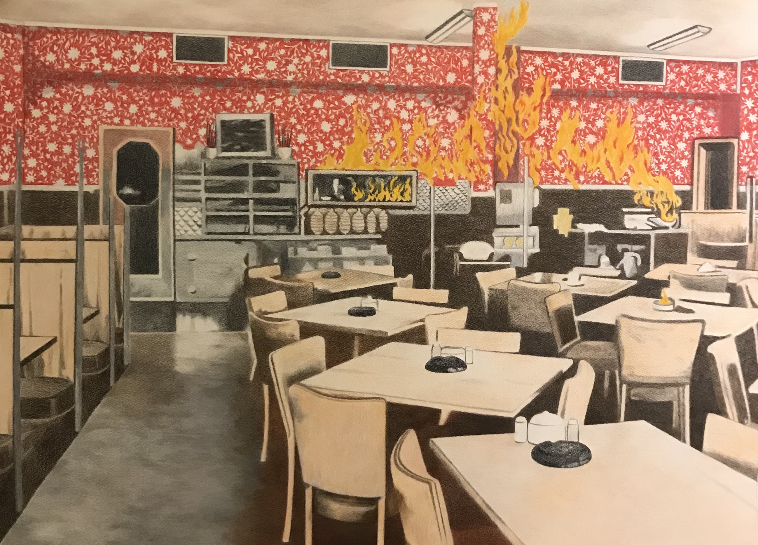 Isabel Theselius, Elden Kom, Färgpennor på papper, 67 x 86 cm , 2021