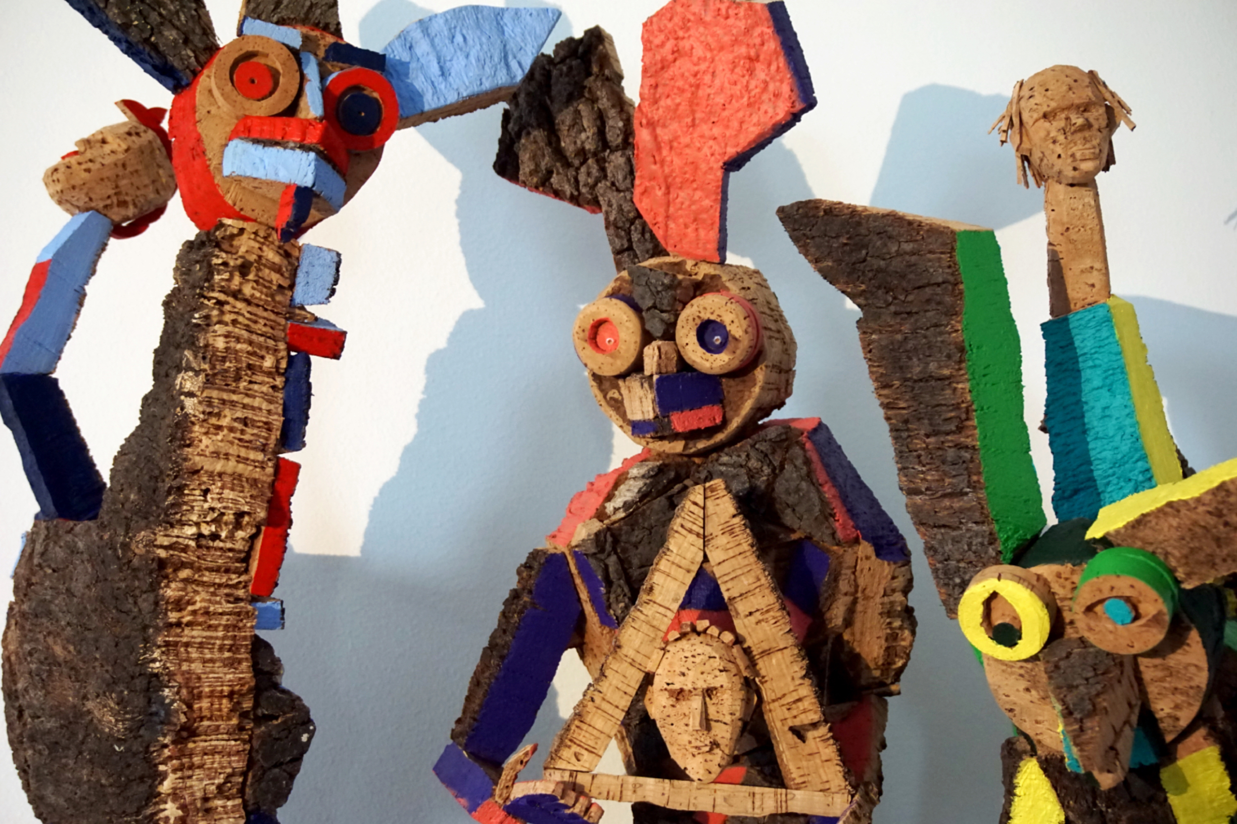 Daniel Espinosa, Three Spirits. Cork and acrylic painting, 2024.