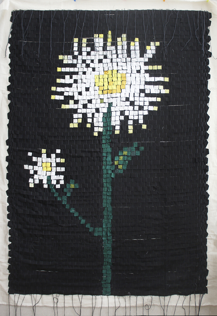 Julie Skarland, Prestekrage, 2021. Tekstil, vev med applikasjon.H:150 cm, B:105 cm.