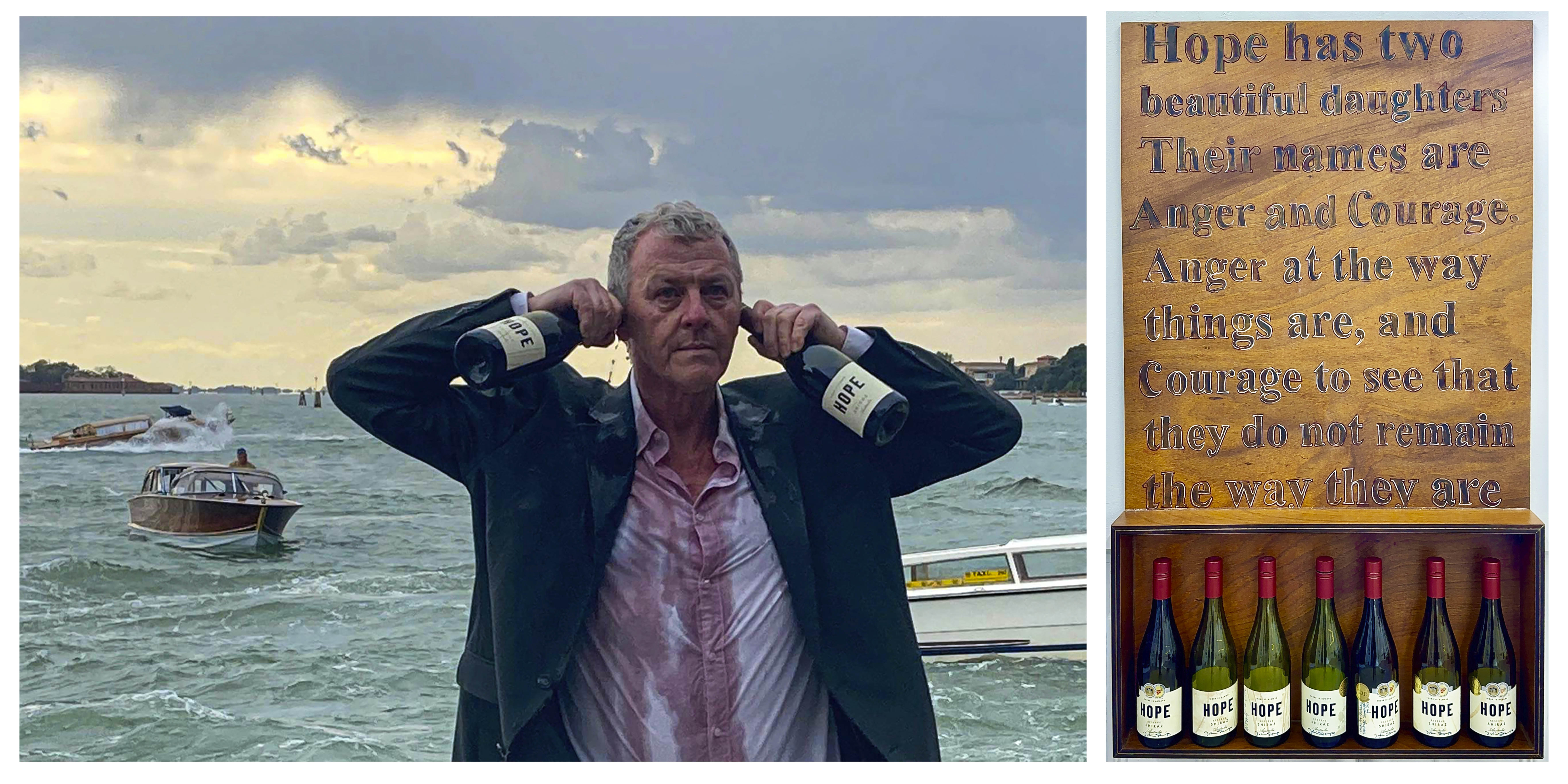 ”Principle Of Hope” Bar Paradiso Giardini, VIVAAR Venezia 2024 under  den 60:e Venedig biennalens förhandsvisning.     

Bilden är en illustration av Joakims cirkulära metod att återanvända  ”verkligt material”. Bilden till vänster är från performance aktionen ”The Principle of Hope