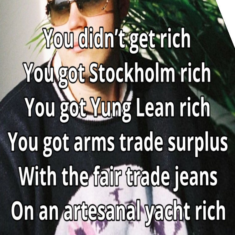 Meme made for Alkovi Gallery, Helsinki, 2024. The lyrics are from the song 'Klein Blue Sky' by Kaino Kim Vieno, Mia's nom de plume.
